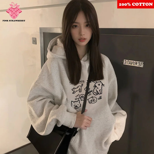 Cute Cat Print Hoodies Women Autumn Winter 2025 New Fashion Street Loose Casual Kangaroo Pouch Sweatshirt Y2K Top kawaii clothes