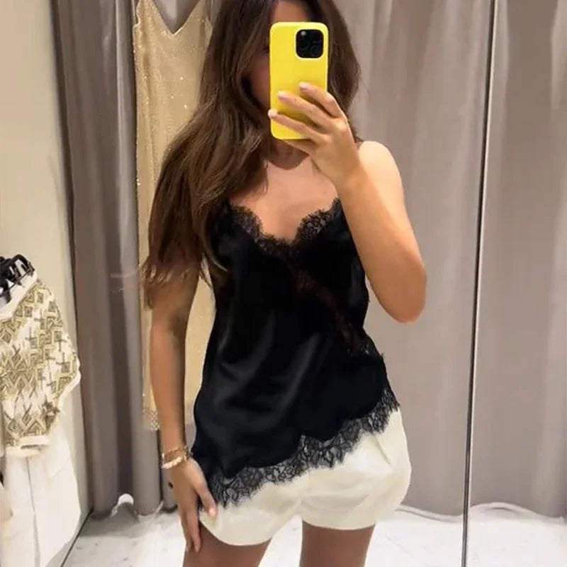 Y2K Sleeveless Backless Women Tank Tops Fashion Summer Lace Satin Patchwork Camisole Vest Chic New Evening Party Lady Top Street