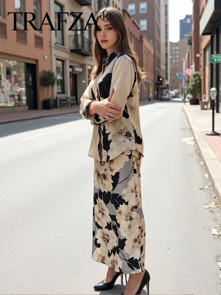 TRAFZA Women 2025 Spring Fashion Silk Satin Texture Long Sleeve Printed Shirt Button Midi Skirt Suit Female Printed Set