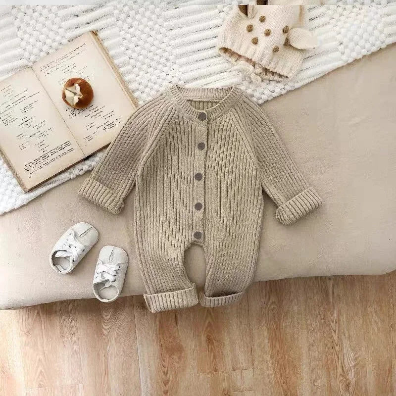 Toddler Baby Girl Boy Solid Color Knitted Romper 0-18M Baby Newborn Items Button Front Ribbed Long Sleeve Casual Autumn Jumpsuit