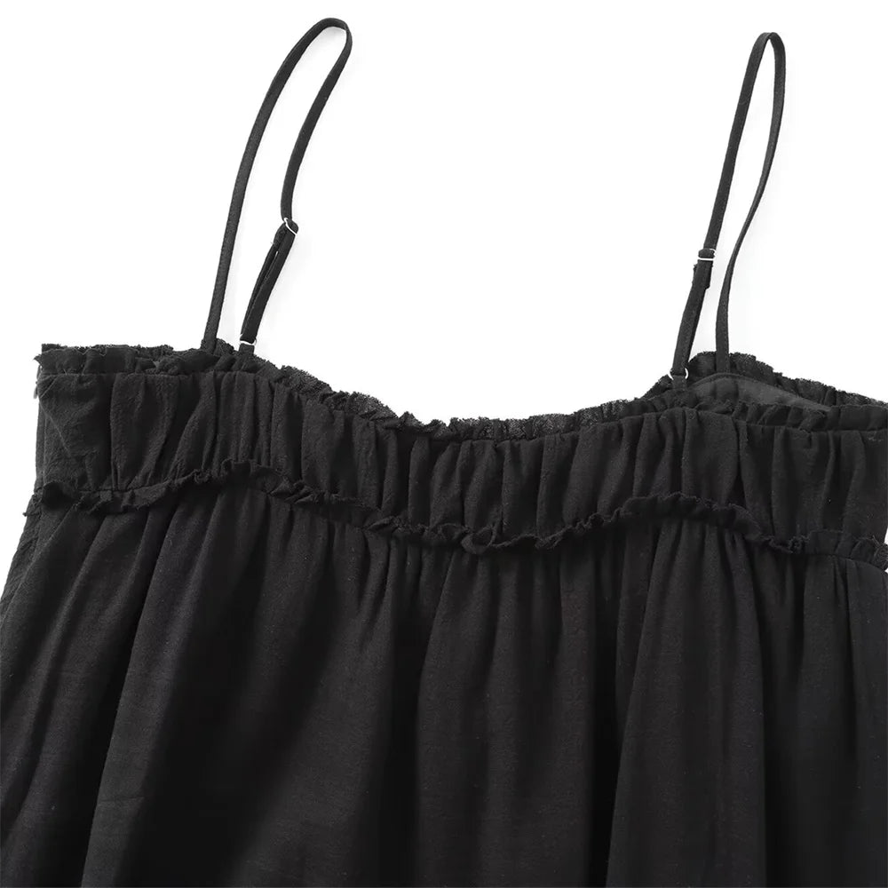 BMURHMZA 2024 Summer New Product Women's Fashion Sleeveless Sexy Midi Layered Splicing Strap Short Dress Short Skirt