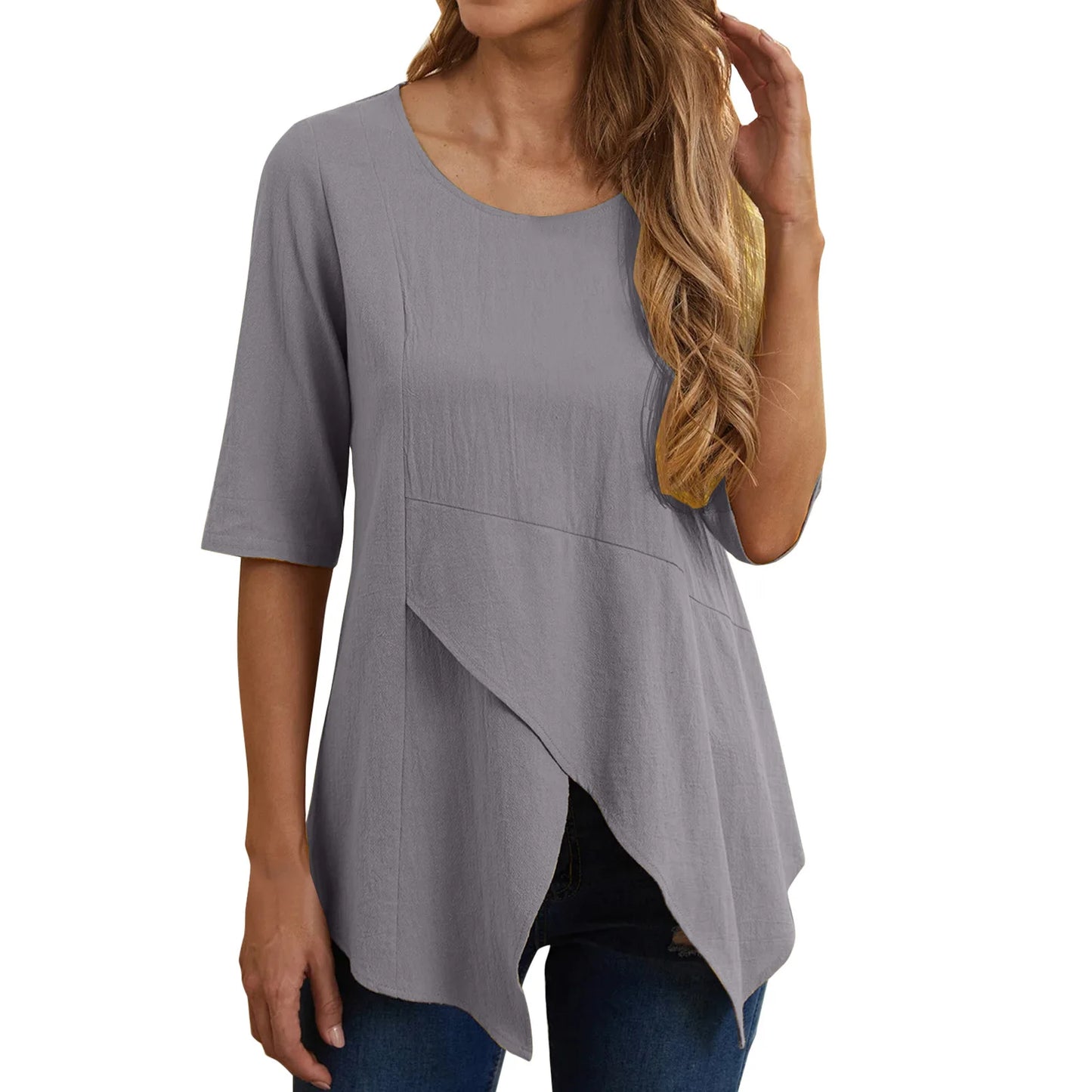 New women's clothing with fashionable temperament, casual commuting elegance, irregular slimming, mid sleeves, cotton and linen