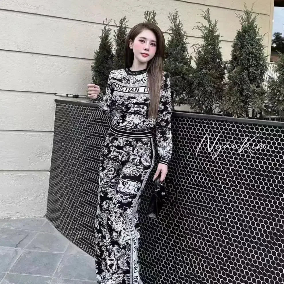 Autumn Winter Knitted Animal Pattern Wide Leg Pants Set round Neck Letter Print Two Piece Suite Elegant Fashionable Women's Wear