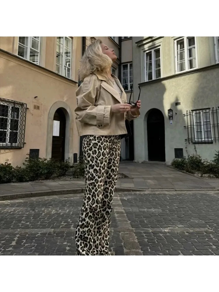 Women's Fashion and Casual Versatile Animal Print Straight Leg Pants Decorated Street Trousers Women's Slim Fit Zipper Trousers