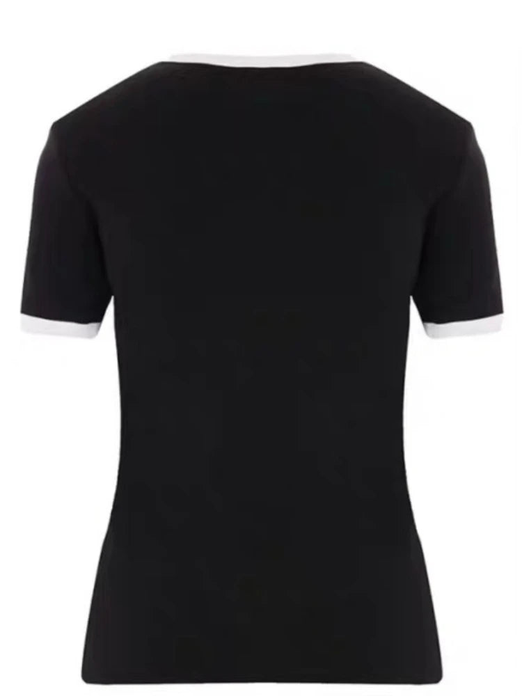 American Retro Short Sleeve T-shirt Women Streetwear Slim Fit Casual Embroidery Print Top Y2k Lady Korean Fashion Summer Clothes