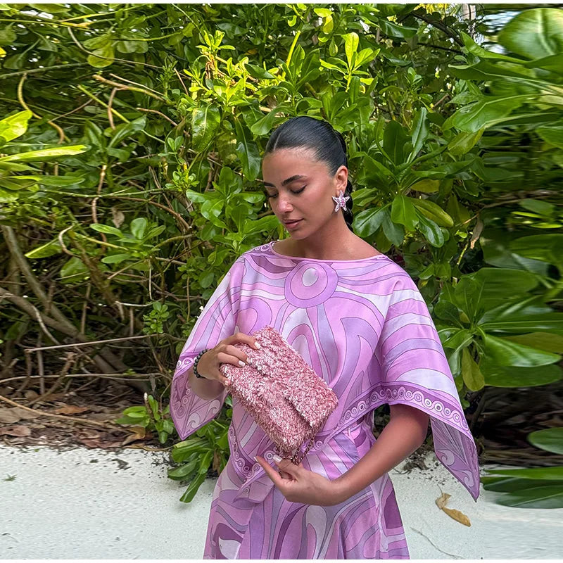 Geometric Print Cape Women's Set Loose Batwing Sleeve Top Flowy Maxi Skirt 2025 Summer Elegant Suit Holiday Fashion Lady Sets