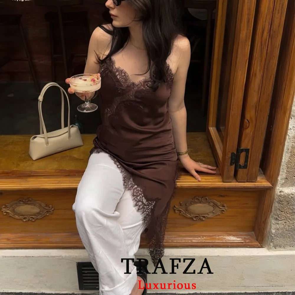 TRAFZA Sexy Chic Brown Lace Women Dress V Neck Cami Backless Party Dress Fashion 2025 Summer Fall Y2K Girl Evening Club Dress