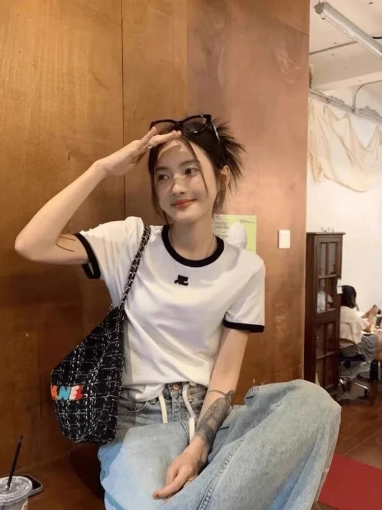 American Retro Short Sleeve T-shirt Women Streetwear Slim Fit Casual Embroidery Print Top Y2k Lady Korean Fashion Summer Clothes