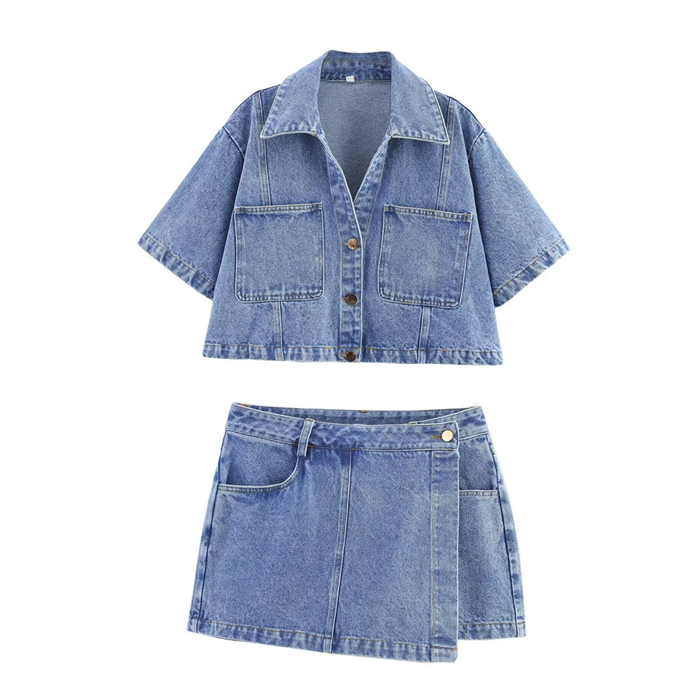 TRAF Women's Short Lapel Denim Shirt + Irregular Fashion Short Skirt Pants Vintage Casual Denim Suit Commuter High Street Suit