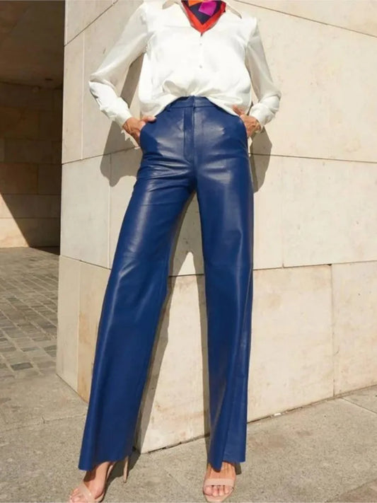 Fashion Solid Color PU Leather Pants Women 2025 New Trendy Lady Commuting Clothing High Waist Straight Trousers Women's Pants