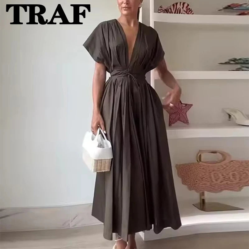 TRAF  Vintage Casual Chic Pleated Lace Up Dress Women Fashion Short Sleeve Slim  Long Dresses Female Summer Holiday Party Dress