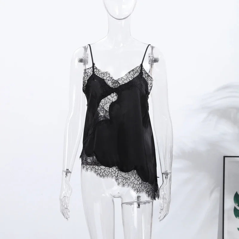 Y2K Sleeveless Backless Women Tank Tops Fashion Summer Lace Satin Patchwork Camisole Vest Chic New Evening Party Lady Top Street