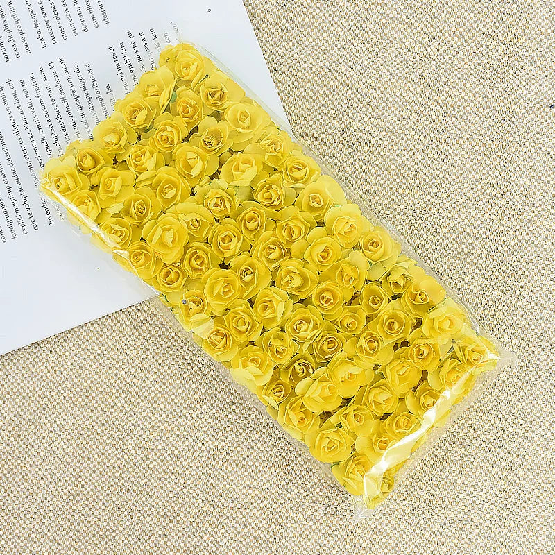 144pcs 2cm Artificial Mini Paper Rose Bouquet for Wedding Party Decoration Home DIY Wreath Gifts Scrapbooking Craft Fake Flowers