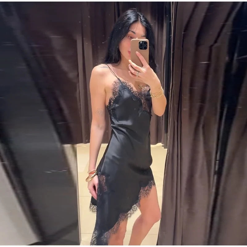 Sexy Sling Satin Dress Women V Neck Backless Patchwork Lace Vestidos Female 2025 Summer Chic Fashion Evening Party Dresses