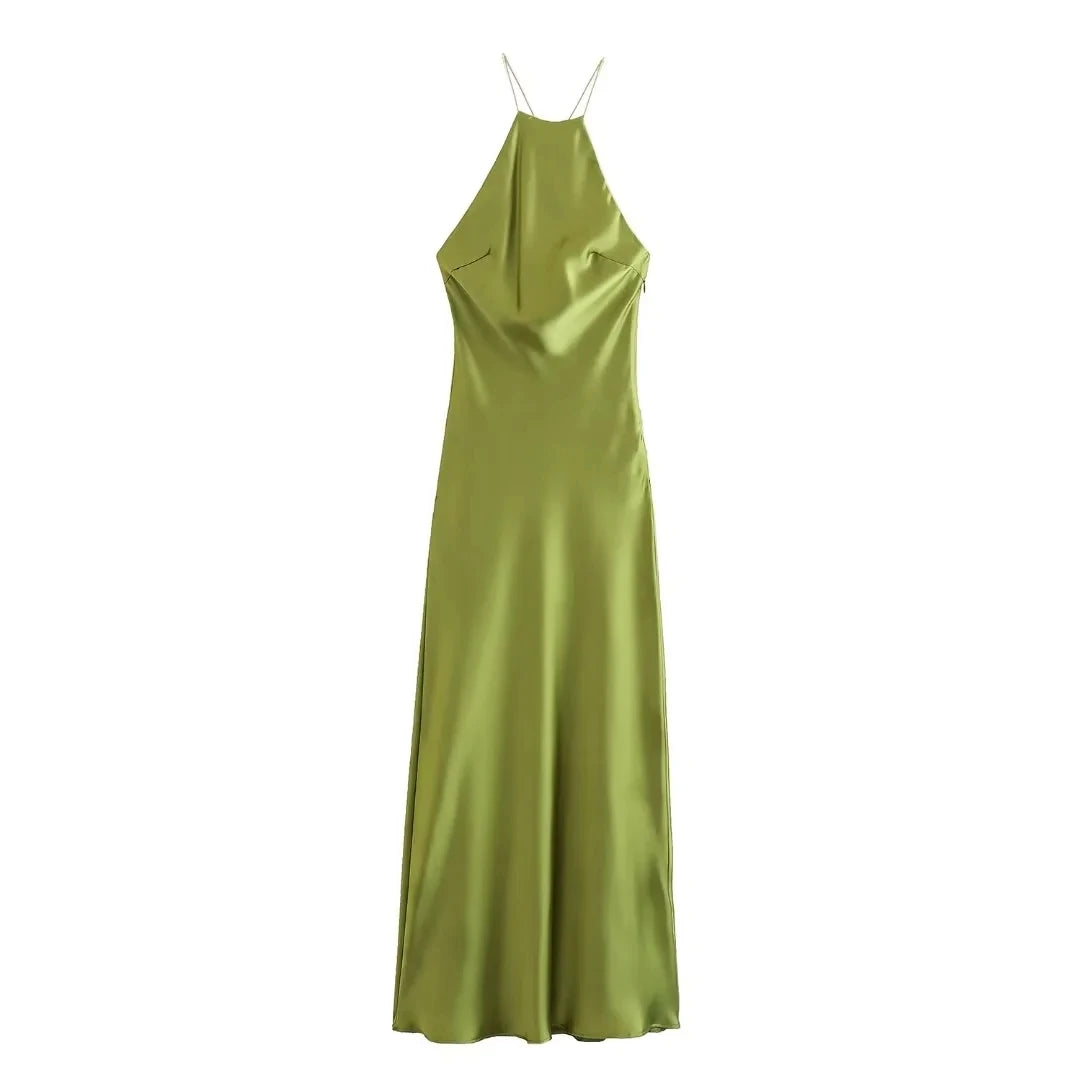 TRAFZA 2024 Women Fashion Sexy Backless Solid Green Satin Dress Sleeveless Halter Neck Slim Dress Eveninig Party Mujer Vestidos