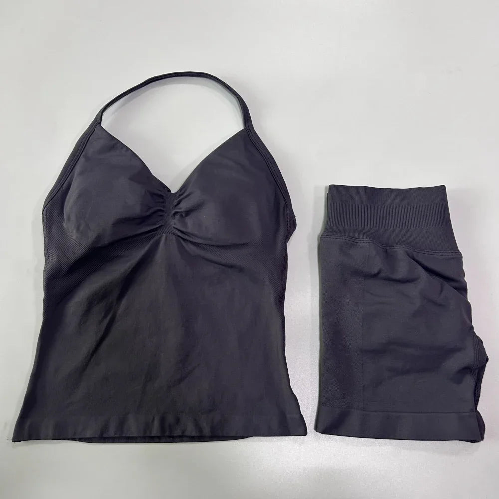 2 sets of sportswear, peach-bottomed shorts set, drawstring top, seamless impact tight shorts, yoga outfit, fitness set