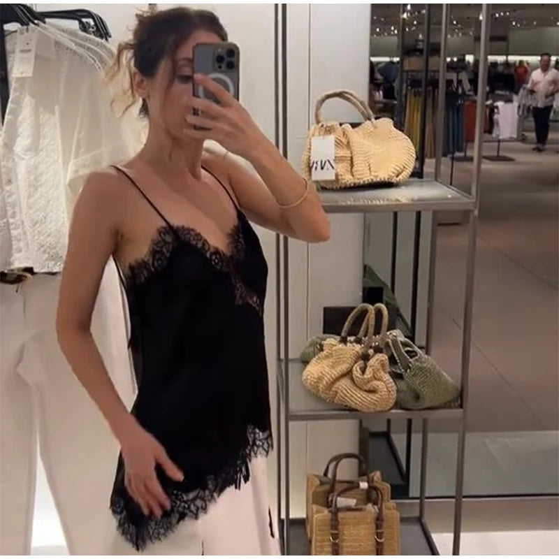 Sexy Lace Sling Tops Women Loose V Neck Sleeveless Backless See Through Top Female 2025 Summer Fashion Chic Solid Streetwears