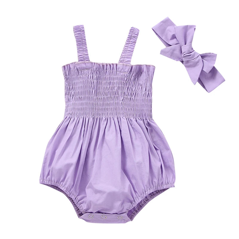 Infant Baby Girl Romper Clothes Ruched Casual Sleeveless Newborn Bodysuit with Headband Summer Jumpsuit Cute Toddler Outfit Suit
