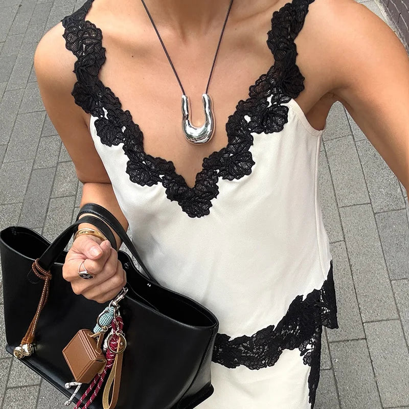 Lace Patchwork Vest Slit Skirts 2 Piece Set Woman V-Neck Sleeveless Sexy Tops Hollow Slim High Waist Skirt Fashion Out Suits