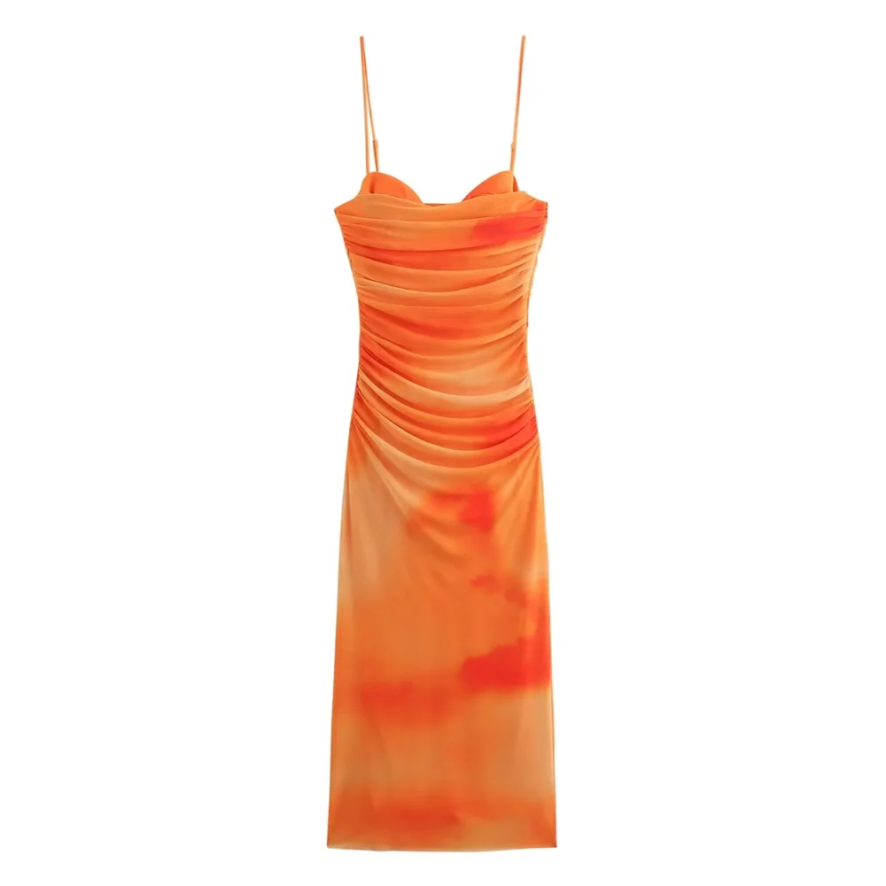 PB&ZA 2024 Spring New Women's Fashionable and Stylish Style Slim Fit Folded Printed Silk Mesh Sling Dress