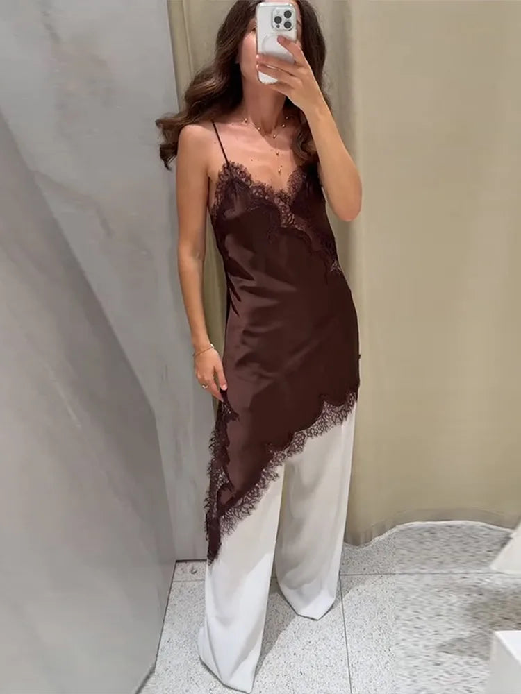 Lace Patchwork Slip Dress Women Sexy Sleeveless Backless Irregular Hem Party Evening Dresses Fashion Office Lady Streetwear New