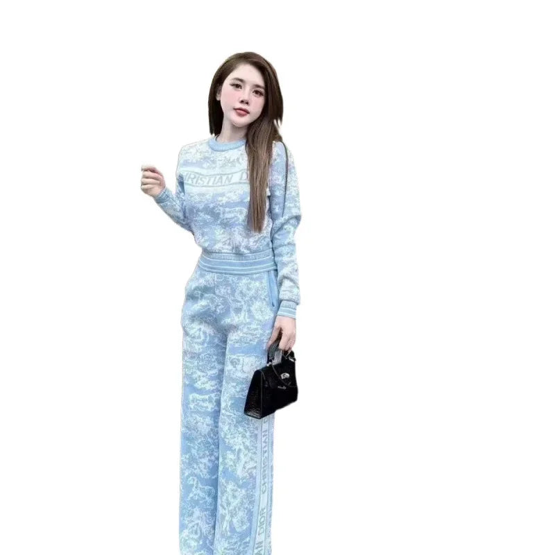 Autumn Winter Knitted Animal Pattern Wide Leg Pants Set round Neck Letter Print Two Piece Suite Elegant Fashionable Women's Wear