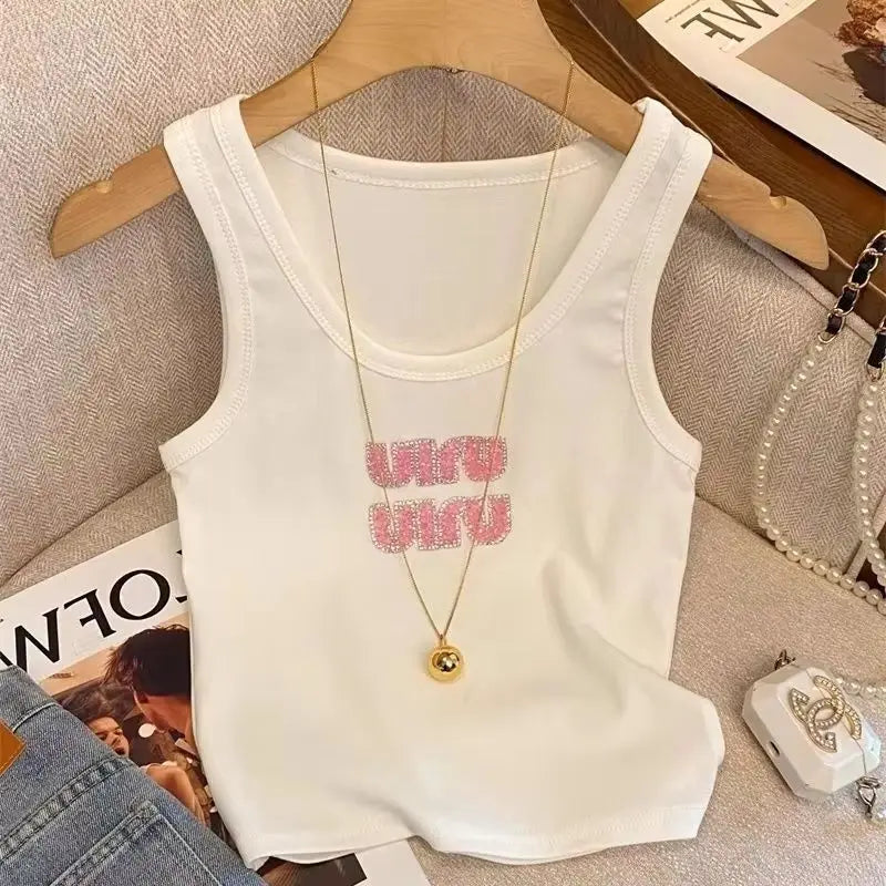 Women Summer Fashion Letter Diamonds Solid Color Slim Knitting Tank Top Ladies Simplicity Office Lady All-match Sleeveless Tops