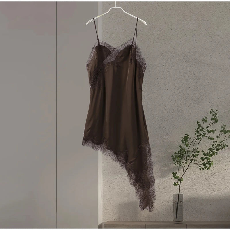 Sexy Sling Satin Dress Women V Neck Backless Patchwork Lace Vestidos Female 2025 Summer Chic Fashion Evening Party Dresses