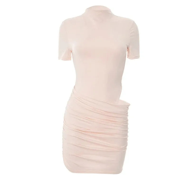 Women Hollow Out Short Sleeve Ruched Sexy Mini Dress for Women Fashion Half High Collar Skinny Club Party Dresses Female