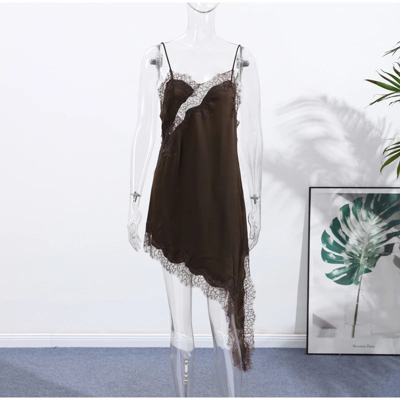 Sexy Sling Satin Dress Women V Neck Backless Patchwork Lace Vestidos Female 2025 Summer Chic Fashion Evening Party Dresses