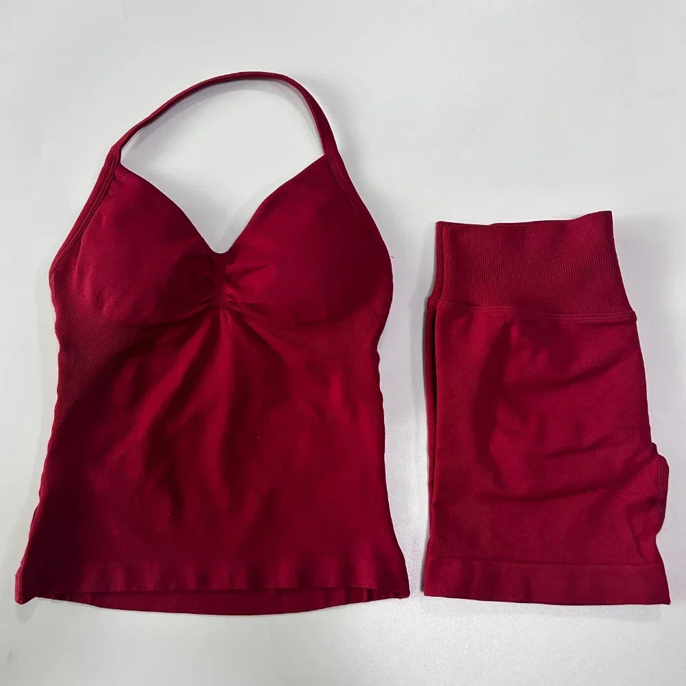 2 sets of sportswear, peach-bottomed shorts set, drawstring top, seamless impact tight shorts, yoga outfit, fitness set