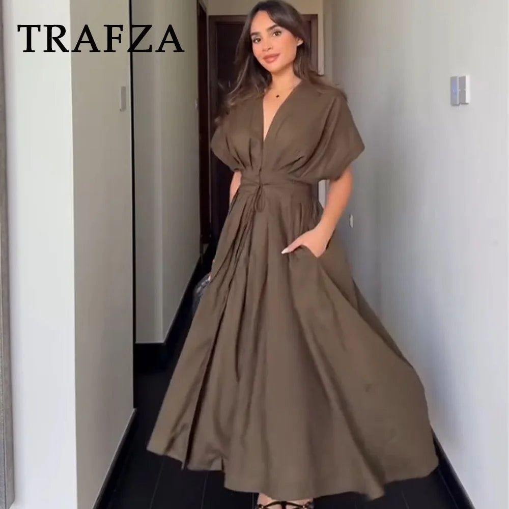 TRAFZA 2025 Spring Summer Vintage Women Dresses Fashion Single Breasted Sashes Draped V Neck Sleeveless Solid Ladies Dresses