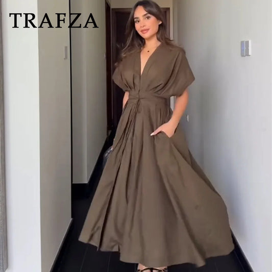 TRAFZA 2025 Spring Summer Vintage Women Dresses Fashion Single Breasted Sashes Draped V Neck Sleeveless Solid Ladies Dresses