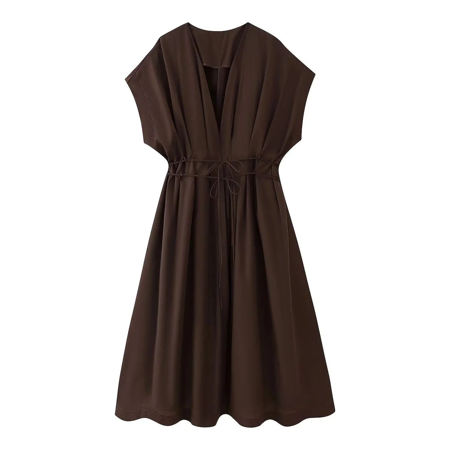 TRAFZA 2025 Spring Summer Vintage Women Dresses Fashion Single Breasted Sashes Draped V Neck Sleeveless Solid Ladies Dresses