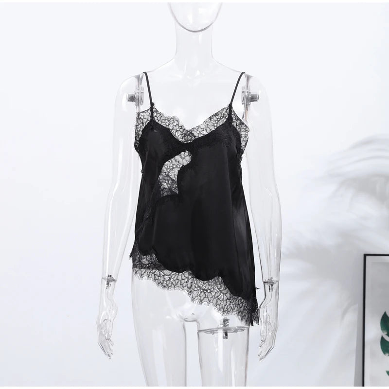 Fashion V-neck Backless Dip Hem Romantic Blouse Sexy Lace Hollow Out Slip Tops For Women Lady 2025 Summer Evening Party Tops