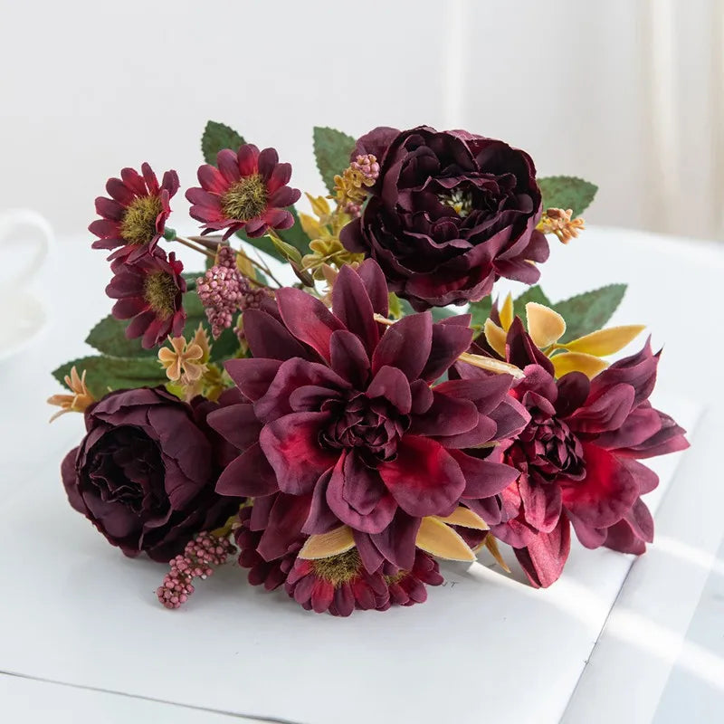 Hot sales Artificial Flowers Silk Dahlia Rose daisy Festival Home Wreath Decoration Bonsai Room Wedding Bridal Bouquet Diy gift