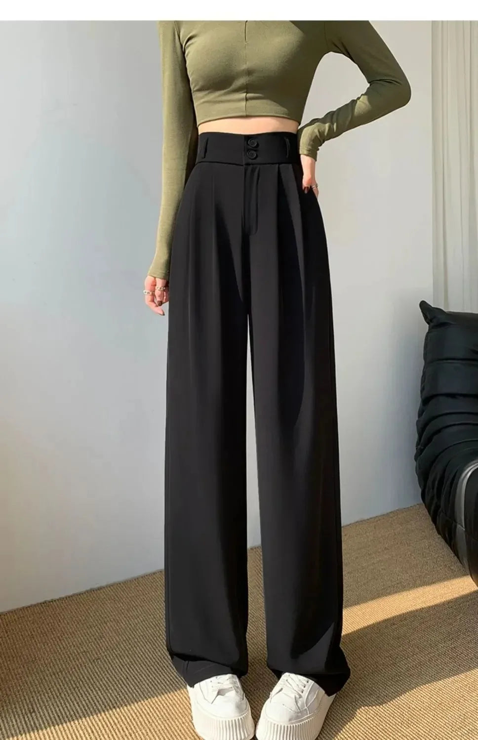 Elegant Wide Leg Pants Women Korean Style High Waist Black Baggy Pants Office Ladies Fashion Loose Suit Trousers Streetwear