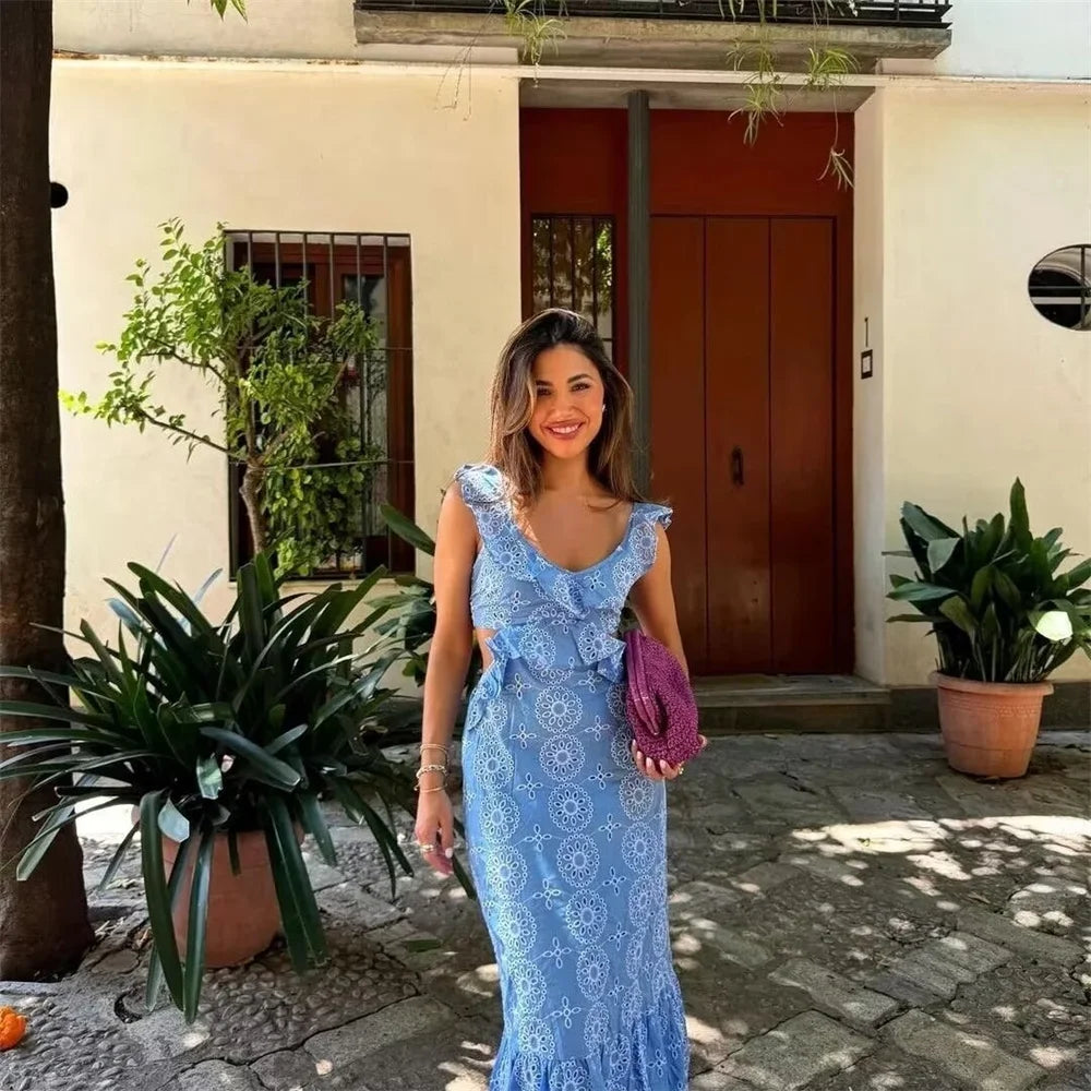 2024 ZAR4 Summer New Women's Clothing Style Fashion Heavy Industry All Cotton Embroidered Layered Decorative Midi Dress