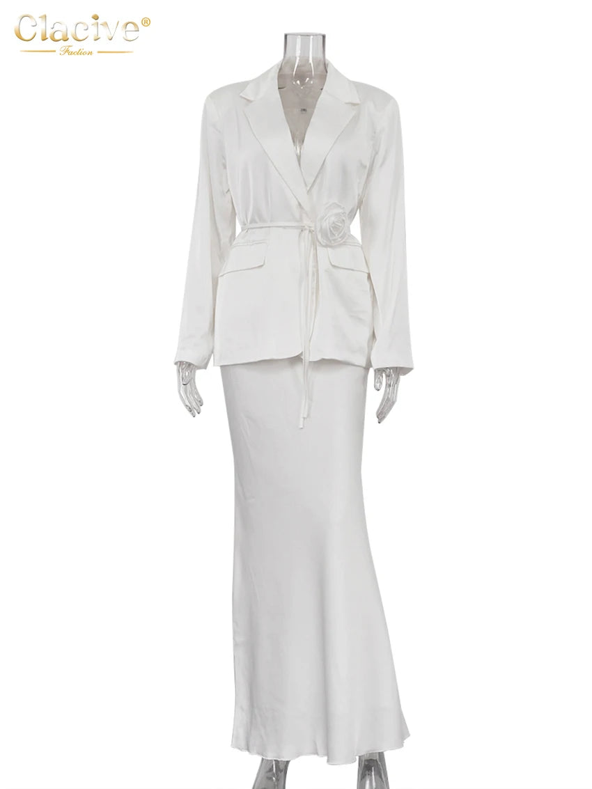 Clacive Fashion Loose White Satin 2 Piece Sets Women Outfit 2025 Elegant Long Sleeve Shirt With High Waist Long Skirt Set Female