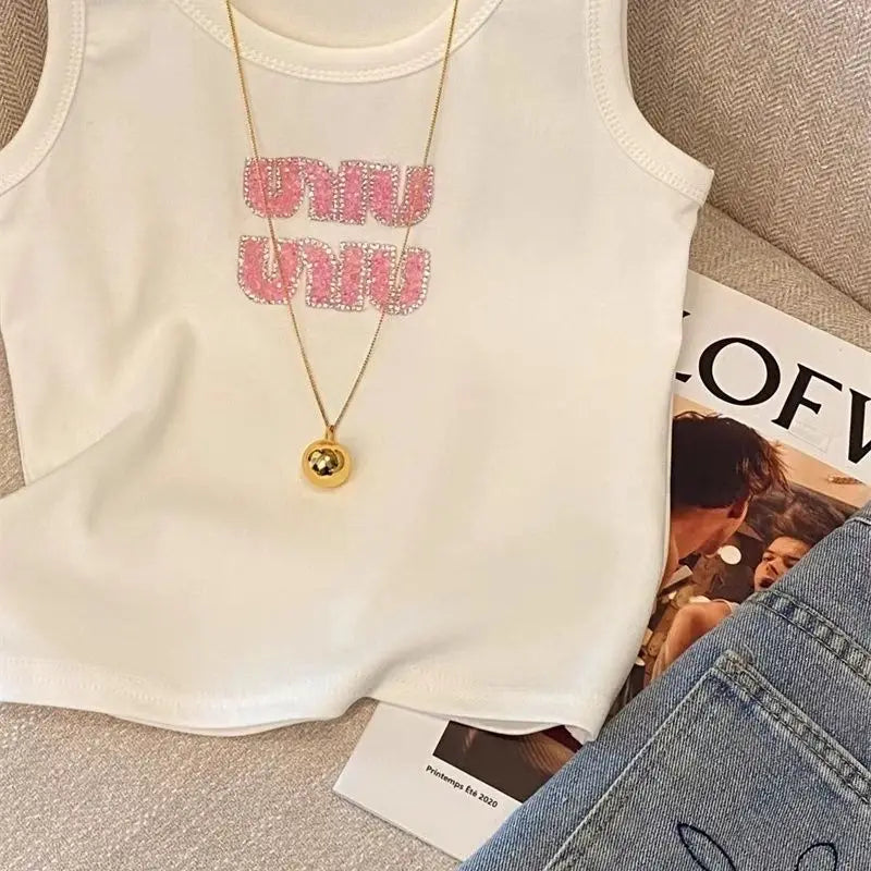 Women Summer Fashion Letter Diamonds Solid Color Slim Knitting Tank Top Ladies Simplicity Office Lady All-match Sleeveless Tops