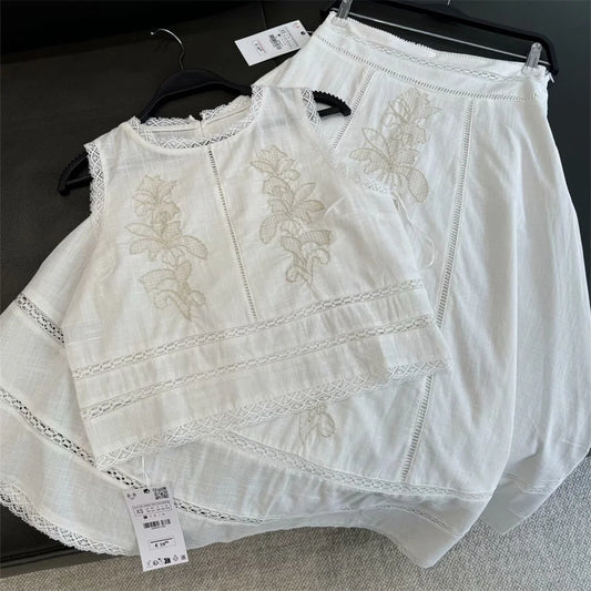 Taop&Za round neck sleeveless embroidered short top summer new women's fashion casual high waisted embroidered skirt