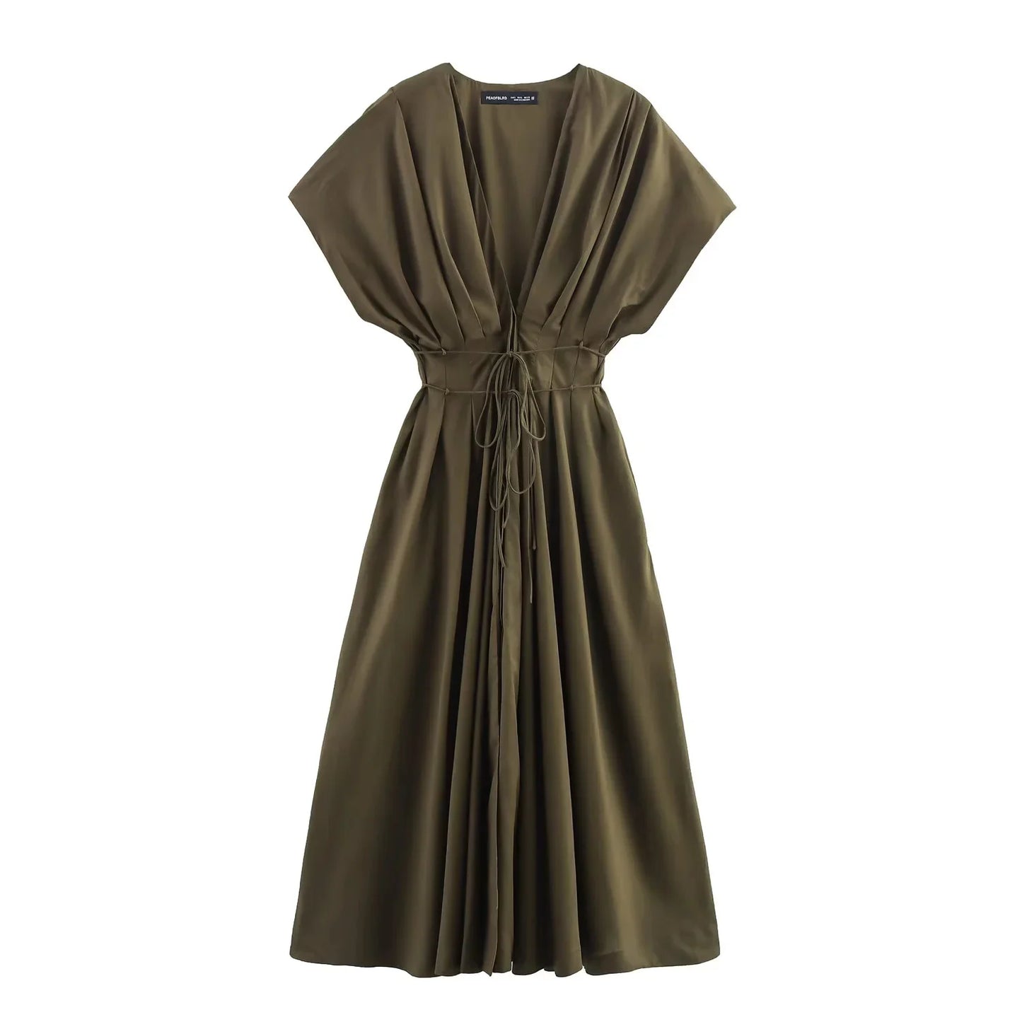 TRAFZA 2025 Spring Summer Vintage Women Dresses Fashion Single Breasted Sashes Draped V Neck Sleeveless Solid Ladies Dresses