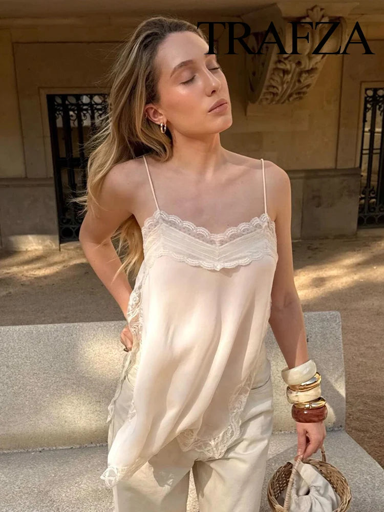 TRAFZA Female Summer New Fashion V-neck Lace Spliced Split Sling Top Women Elegant Sexy Backless Party Style Casual Camisole Top