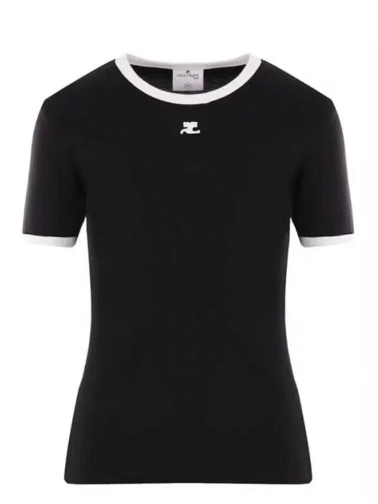 American Retro Short Sleeve T-shirt Women Streetwear Slim Fit Casual Embroidery Print Top Y2k Lady Korean Fashion Summer Clothes