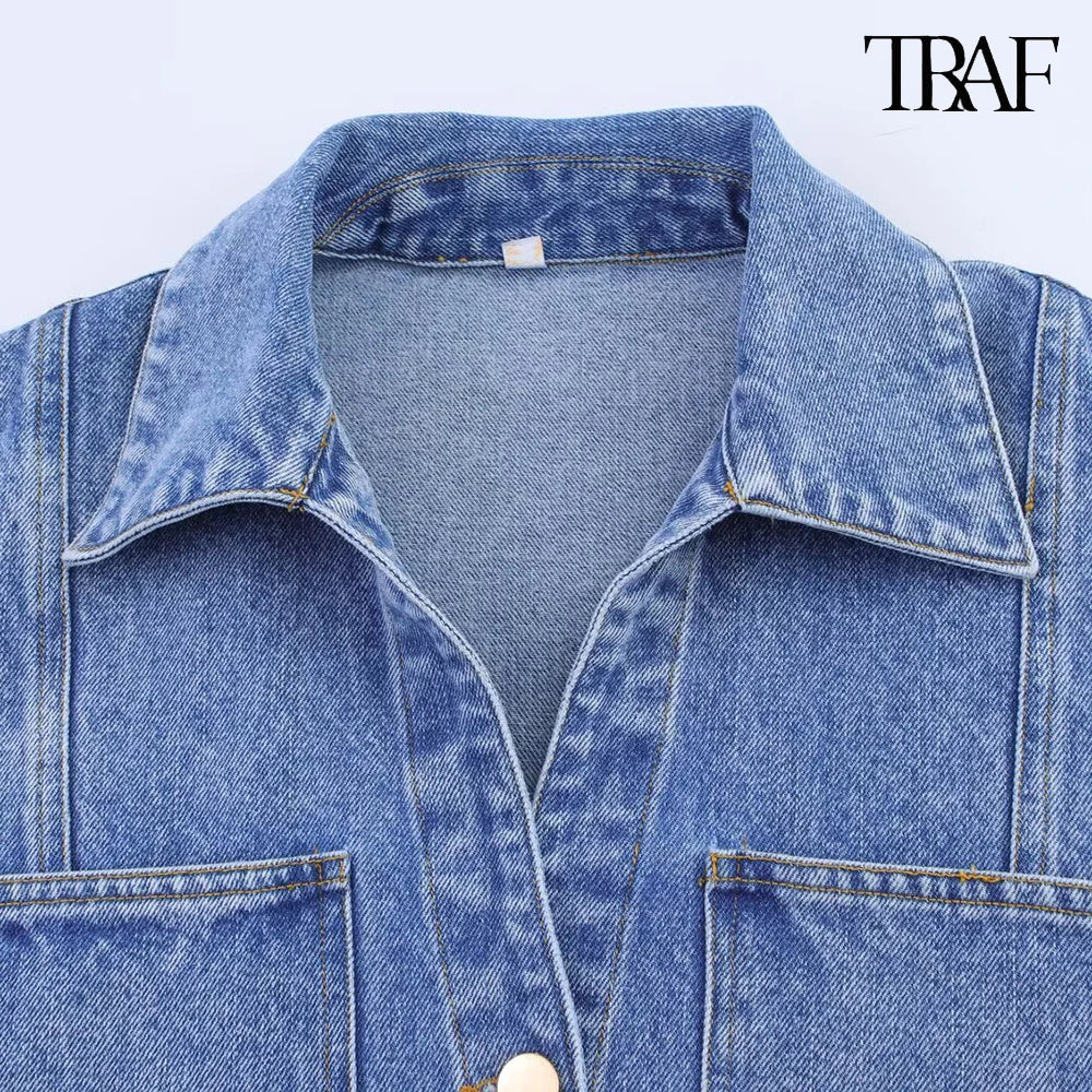 TRAF Women's Short Lapel Denim Shirt + Irregular Fashion Short Skirt Pants Vintage Casual Denim Suit Commuter High Street Suit