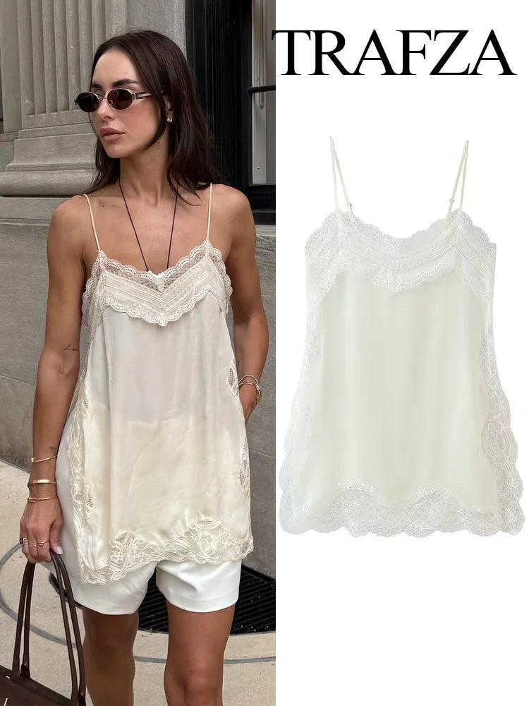 TRAFZA Female 2025 Summer Fashion V-neck Lace Spliced Split Sling Top Women Chic Sexy Backless Party Style Casual Camisole Top