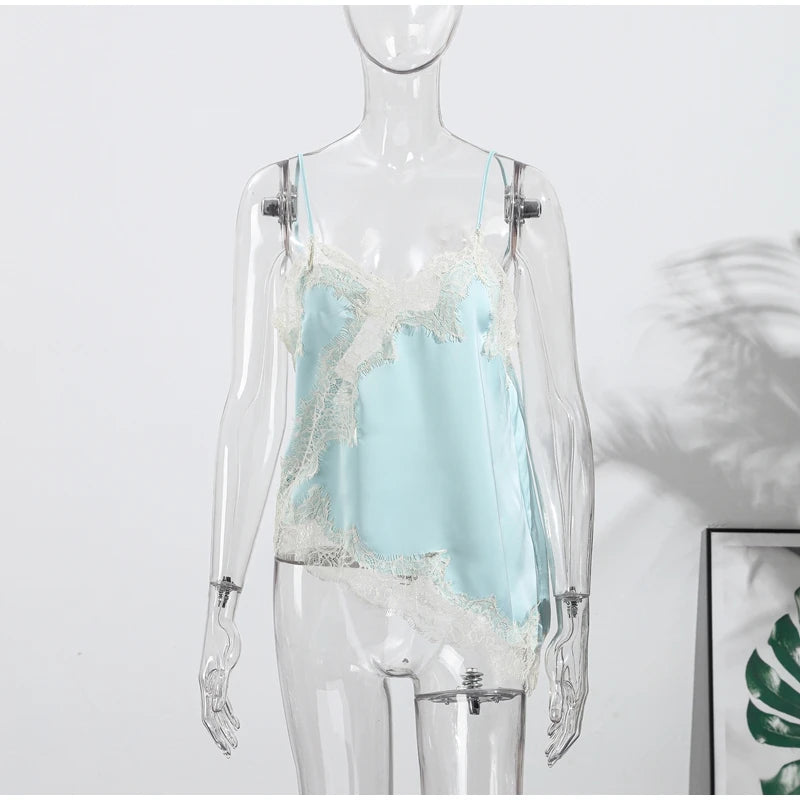 Sexy Lace Sling Tops Women Loose V Neck Sleeveless Backless See Through Top Female 2025 Summer Fashion Chic Solid Streetwears