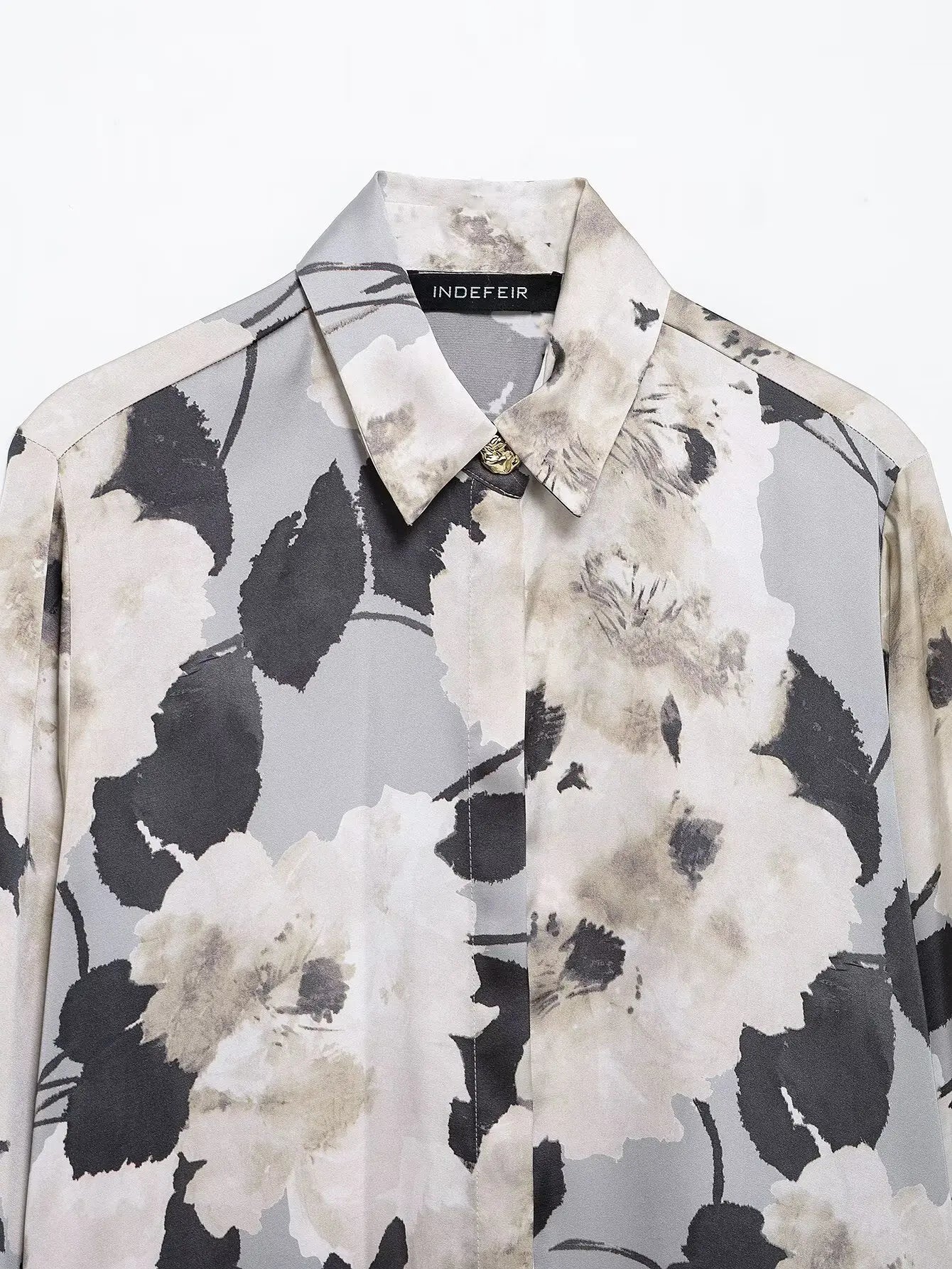 TRAFZA Women 2025 Spring Fashion Silk Satin Texture Long Sleeve Printed Shirt Button Midi Skirt Suit Female Printed Set