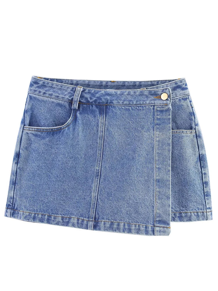 TRAF Women's Short Lapel Denim Shirt + Irregular Fashion Short Skirt Pants Vintage Casual Denim Suit Commuter High Street Suit