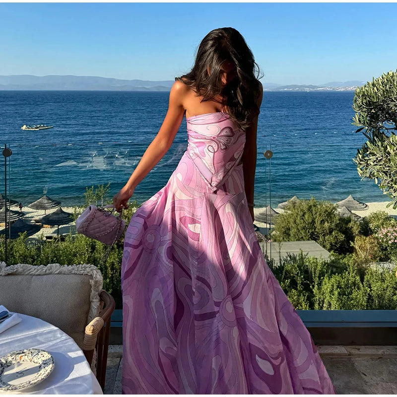 Geometric Print Cape Women's Set Loose Batwing Sleeve Top Flowy Maxi Skirt 2025 Summer Elegant Suit Holiday Fashion Lady Sets